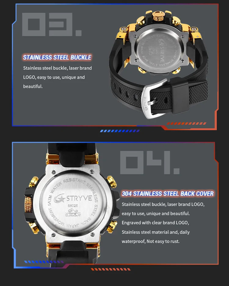 STRYVE 8025 Blue Men's Sport Watches Shock Resistant 50M Waterproof Wristwatch LED Alarm Stopwatch Clock Military Watches