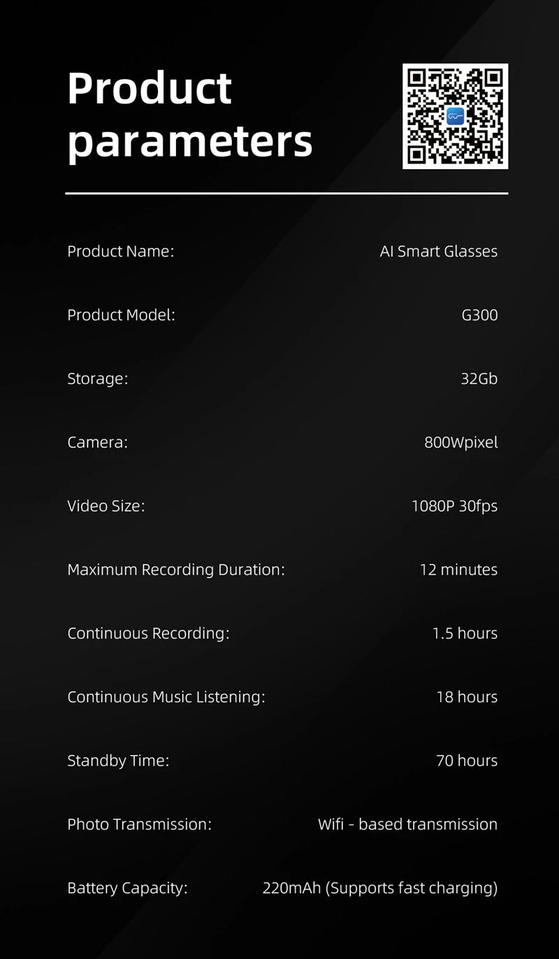 Smart AI Glasses 800W Pixel G300  AI Shooting Camera HD Photo Video Voice Call Translation Waterproof Bluetooth Glasses Devices