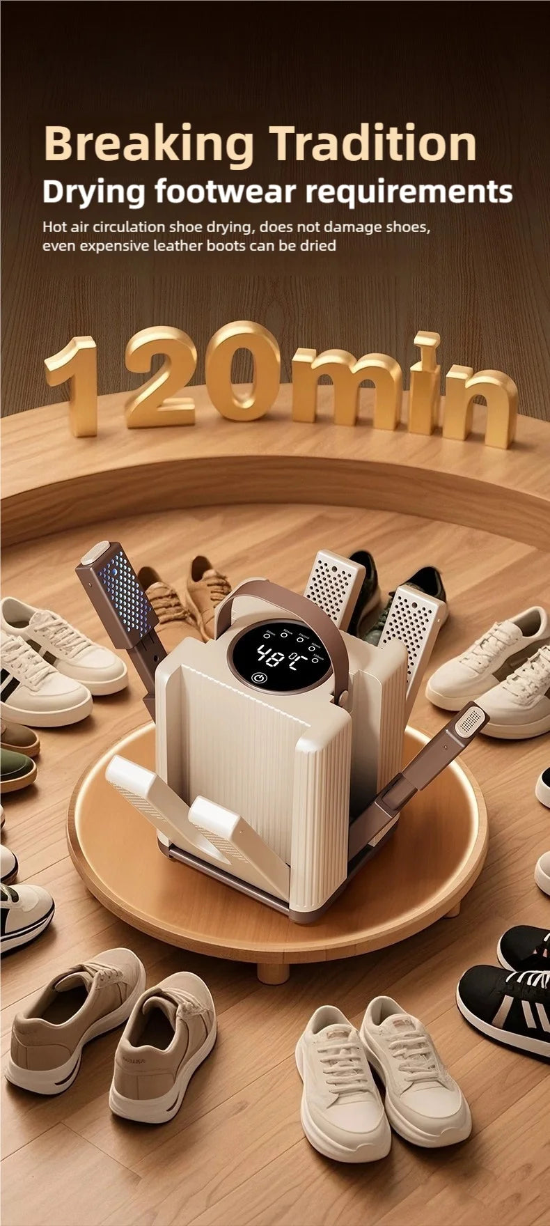 New 6-head shoe dryer can dry up to 3 pairs of shoes at a time. It quickly dries, deodorizes, disinfects, and has a smart timer