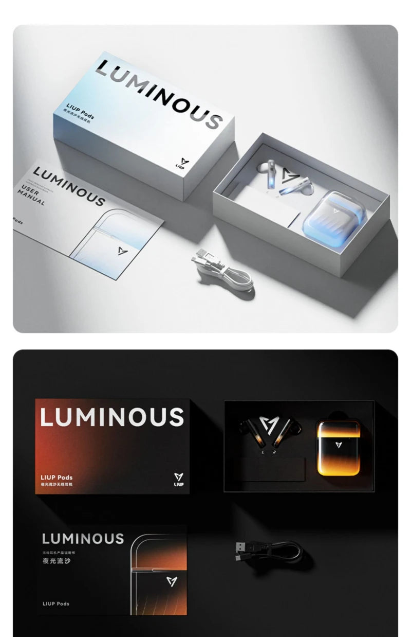 LIUP Night Light Quicksand Wireless Earphones AI Noise Reduction Luminous Transparent Glass Bluetooth 5.4 Muisc Gaming Headphone