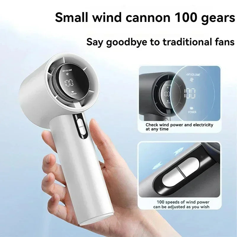 2025 Portable Turbo Handheld Fan - 100-Speed Adjustable, USB Rechargeable Mini Fan with LED for Camping, Outdoor & Travel
