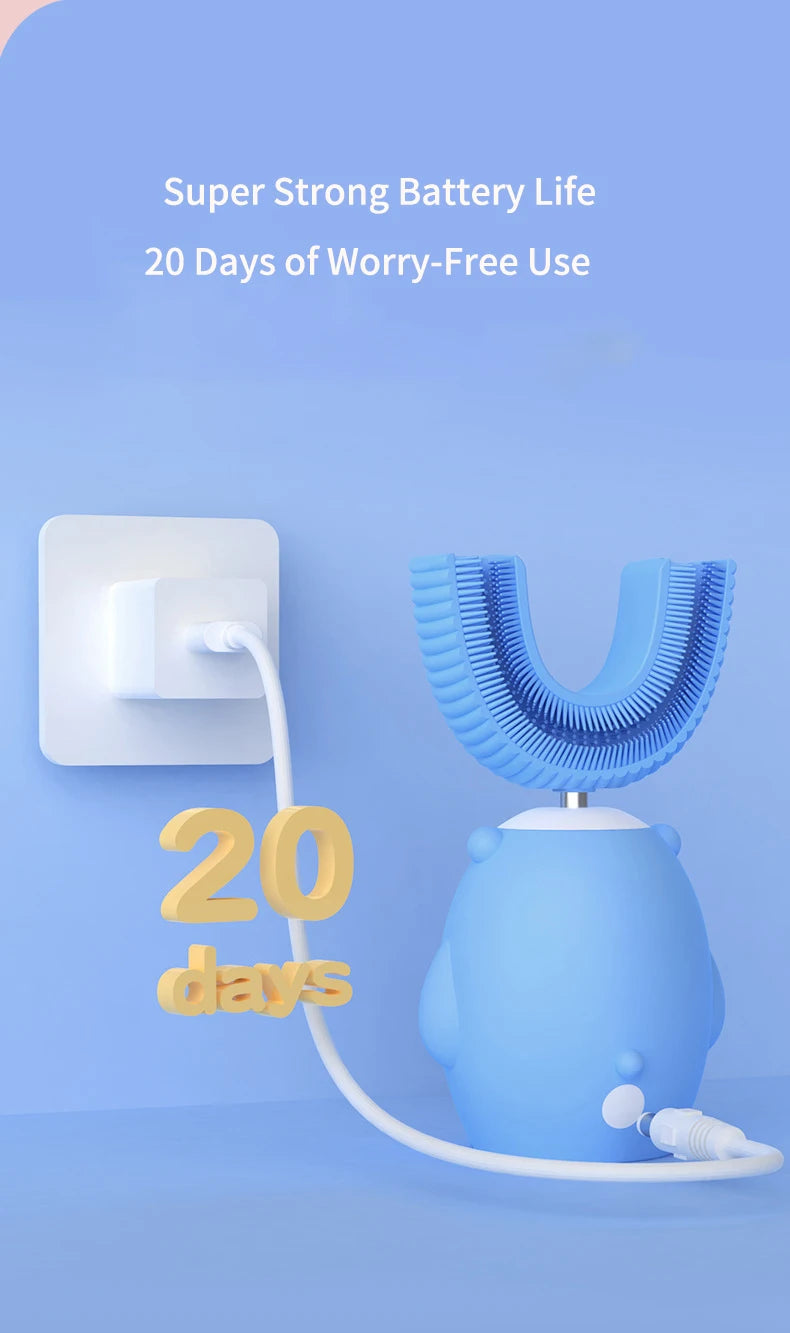 360° Sonic Electric Toothbrush U Shape Rechargeable for Kids Children Automatic Silicone Tooth Brush Smart Timer Blue Light IPX7