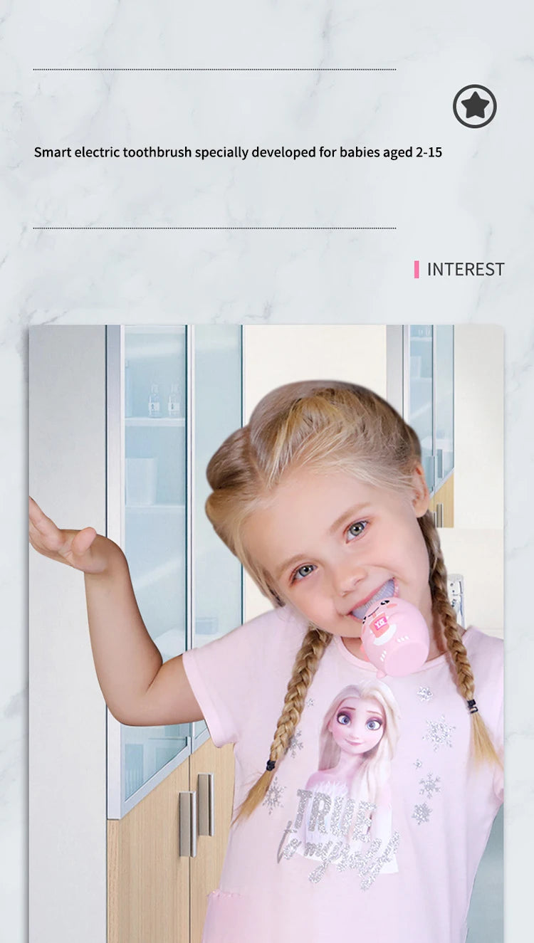 360° Sonic Electric Toothbrush for Kids Children U Shape Automatic Silicone Tooth Brush Smart Timer Rechargeable Blue Light IPX7