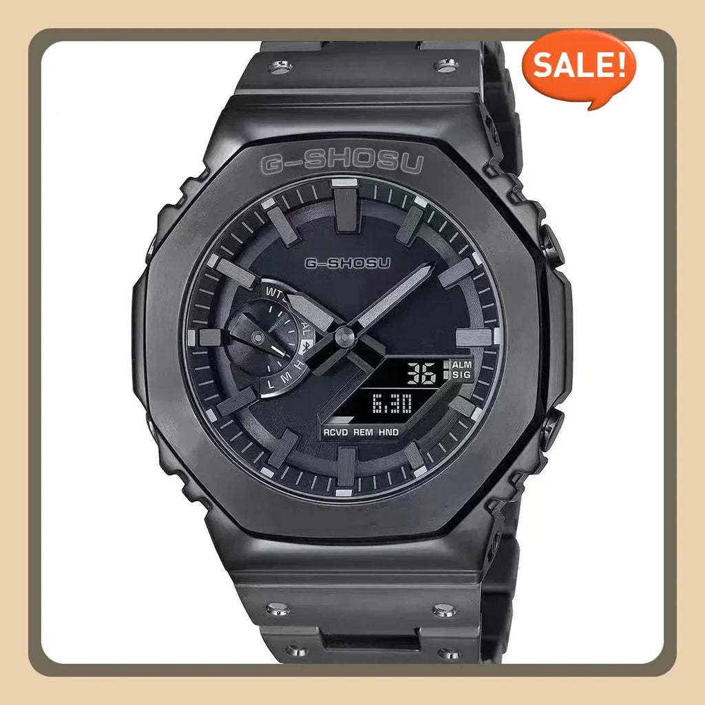 Unisex Digital Electronic Watch Full Function World Time Alloy LED Dual Display Steel Strap Large Dial GMB Series