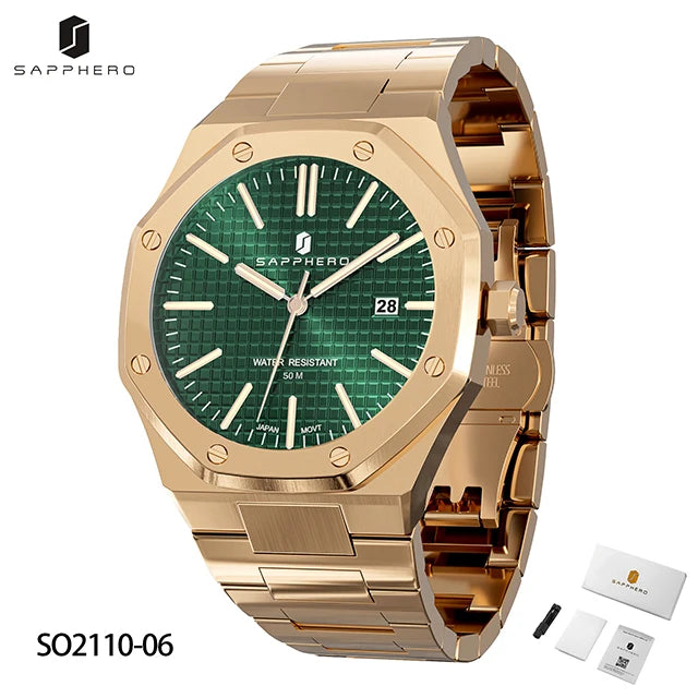 SAPPHERO Men's Watch, Stainless Steel Strap, Water-Resistant Design, Automatic Calendar, Festive Gifts, Exquisite Gift Box Clock