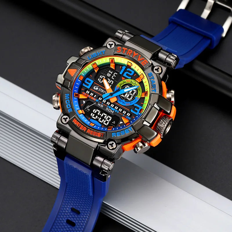 STRYVE 8025 Blue Men's Sport Watches Shock Resistant 50M Waterproof Wristwatch LED Alarm Stopwatch Clock Military Watches