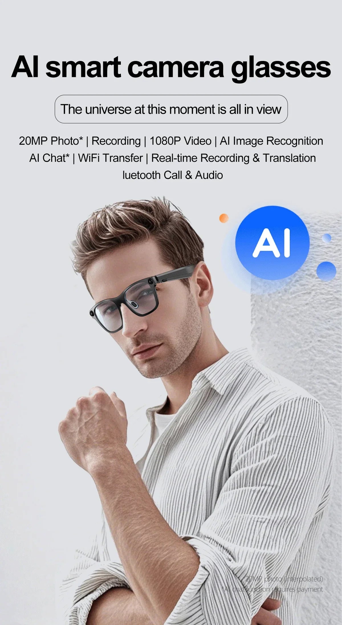 AI Smart Glasses With 5MP Camera Translation Voice Control WIFI Transmission Bluetooth Call Music Playback Intelligent Glasses