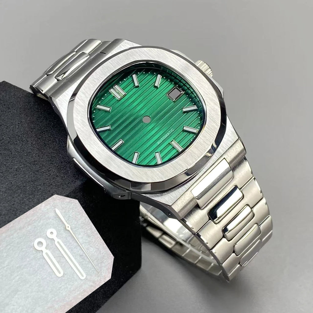 40mm NH35 Square Watch Case with Green Luminous Single Date Dial for Nautilus Style Watches Fit NH35 NH36 NH38 Movements