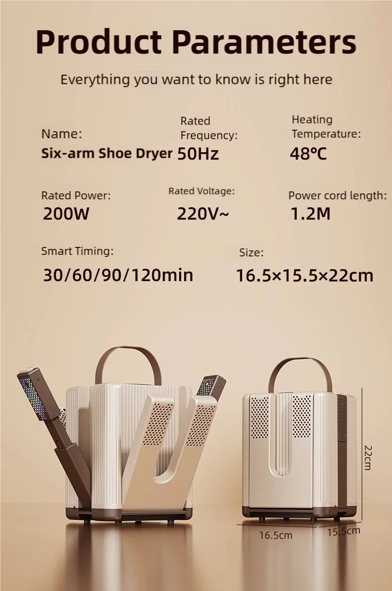 New 6-head shoe dryer can dry up to 3 pairs of shoes at a time. It quickly dries, deodorizes, disinfects, and has a smart timer
