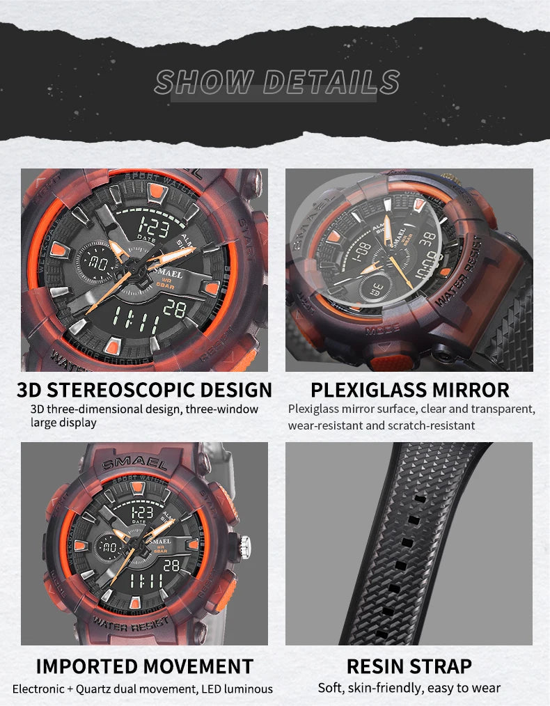 SMAEL Sport Digital Watch for Men Waterproof Sports Style Silicone Strap Stopwatch Shockproof Alarm Clock Male Quartz Wristwatch