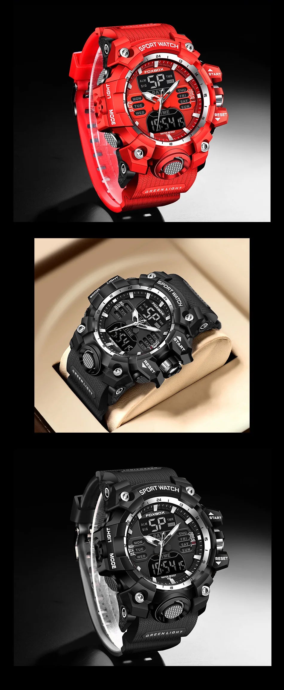 FOXBOX Waterproof Watches for Men Luxury Sport Chronograph Alarm Wristwatch Military Quartz Clock Digital Male Watch Student